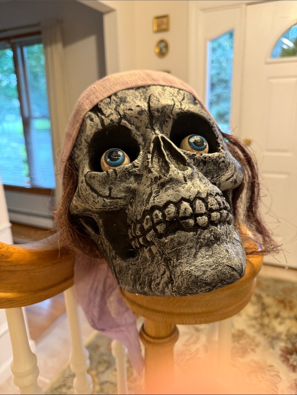 Source Unknown Grey Skull Halloween Decor with Blue Eyes and Pink Headscarf